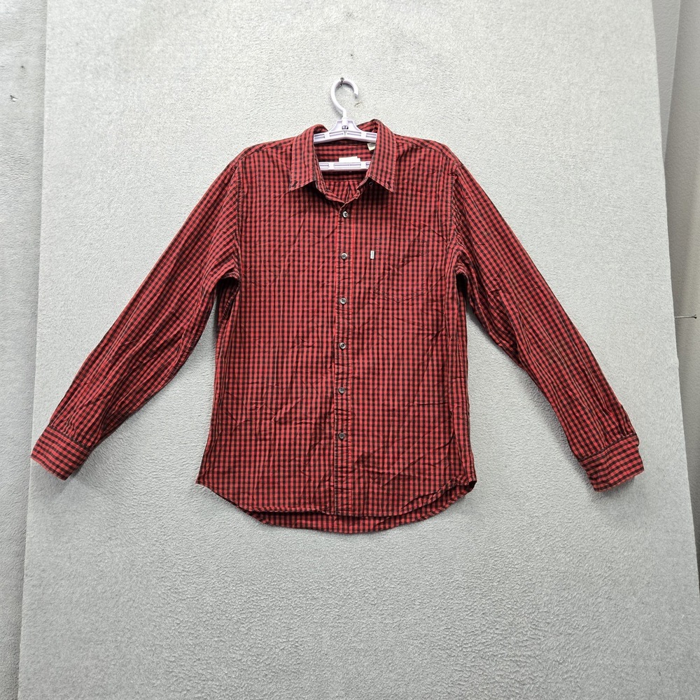 Levi's Men Button Up Shirt L Red Gingham Logo Pocket Long Sleeve Collar Casual